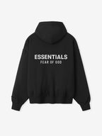 Unisex black zip-up hoodie with hood and back text graphic