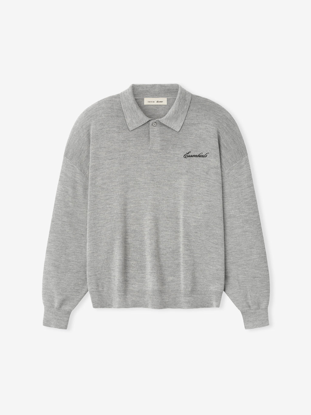 Gray long sleeve knit polo with collar and chest script detail