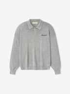 Gray long sleeve knit polo with collar and chest script detail