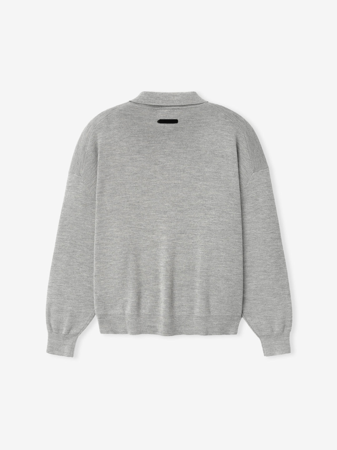 Gray long sleeve knit polo with collar and chest script detail