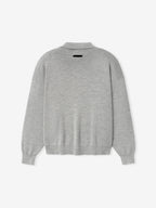 Gray long sleeve knit polo with collar and chest script detail