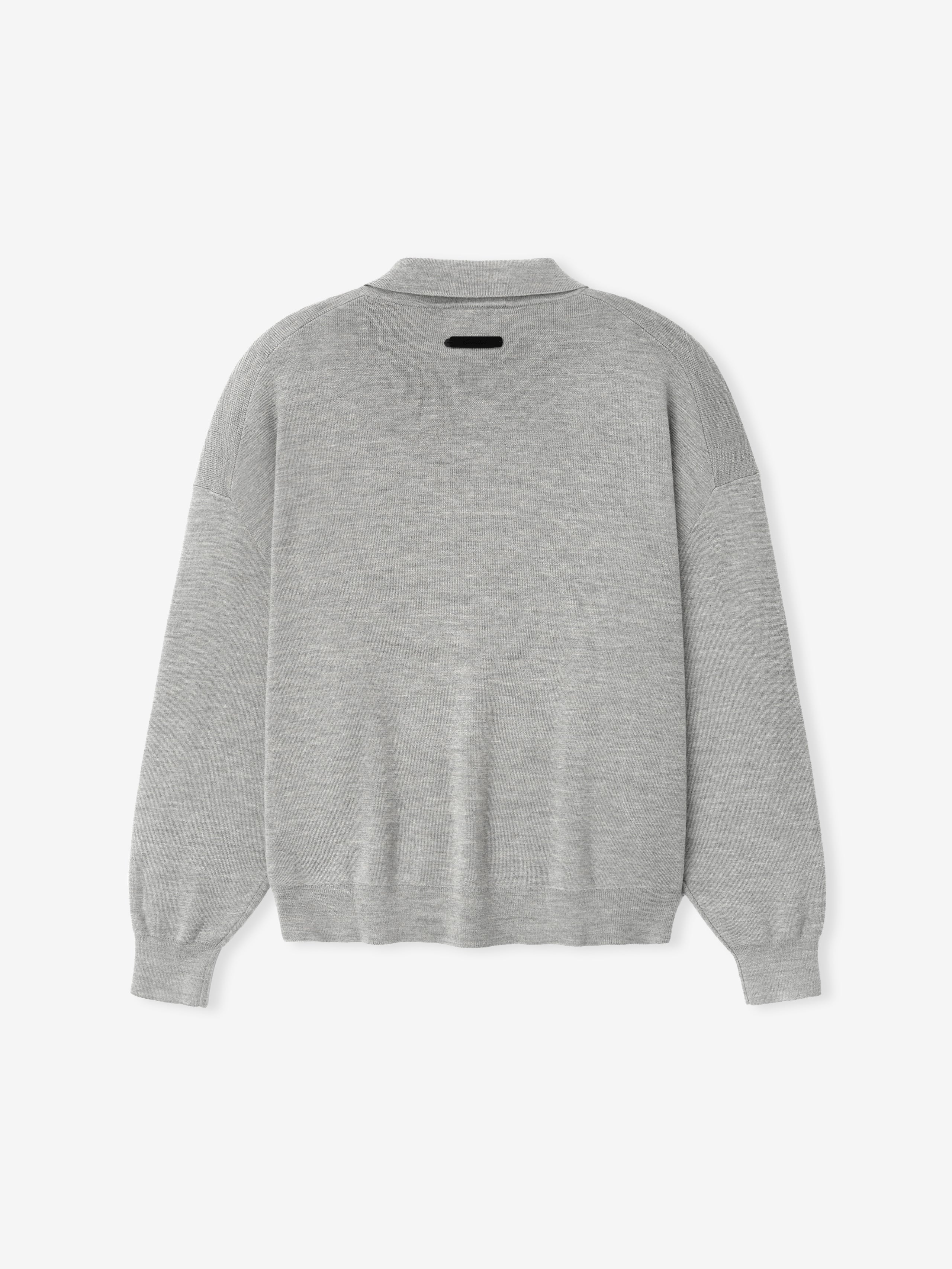 Gray long sleeve knit polo with collar and chest script detail