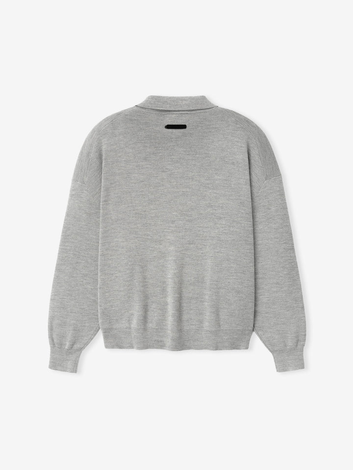 Gray long sleeve knit polo with collar and chest script detail