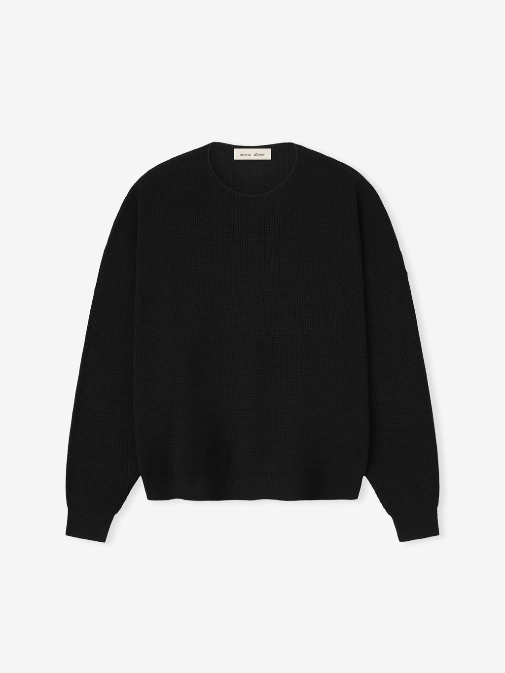 Black men's waffle knit crewneck sweater with long sleeves
