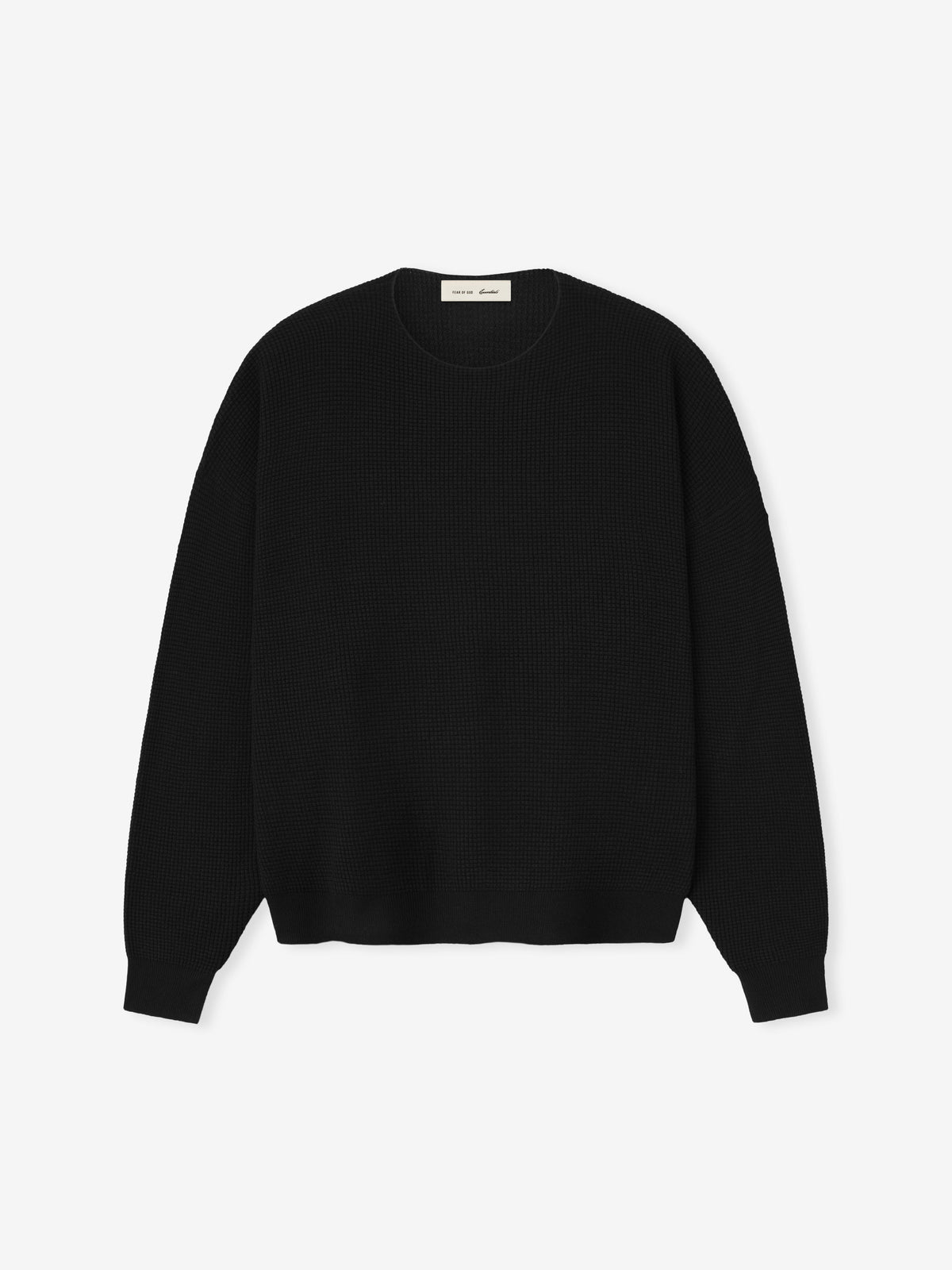 Black men's waffle knit crewneck sweater with long sleeves