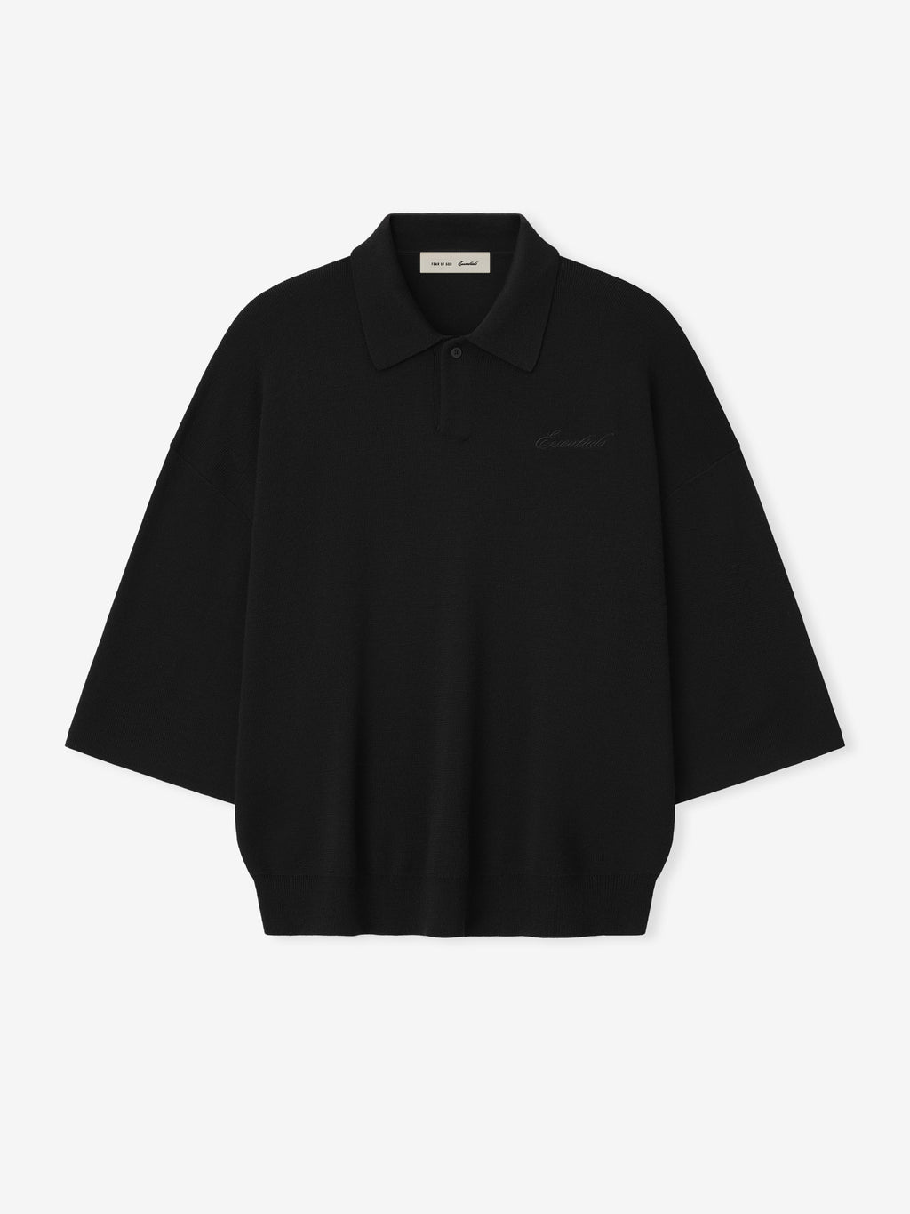 Black unisex knit polo shirt with 3/4 sleeves and ribbed trims