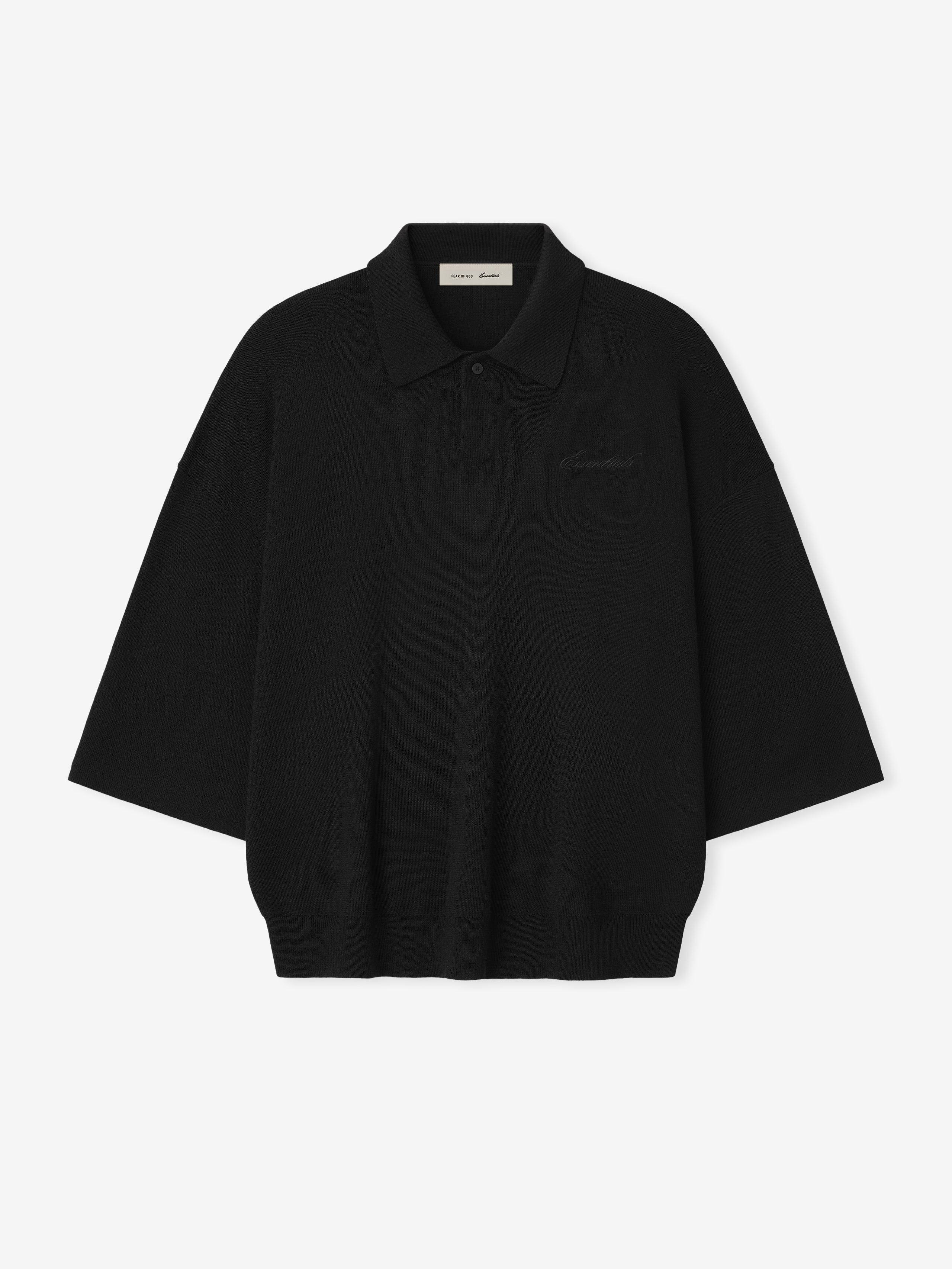 Black unisex knit polo shirt with 3/4 sleeves and ribbed trims