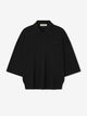 Black unisex knit polo shirt with 3/4 sleeves and ribbed trims