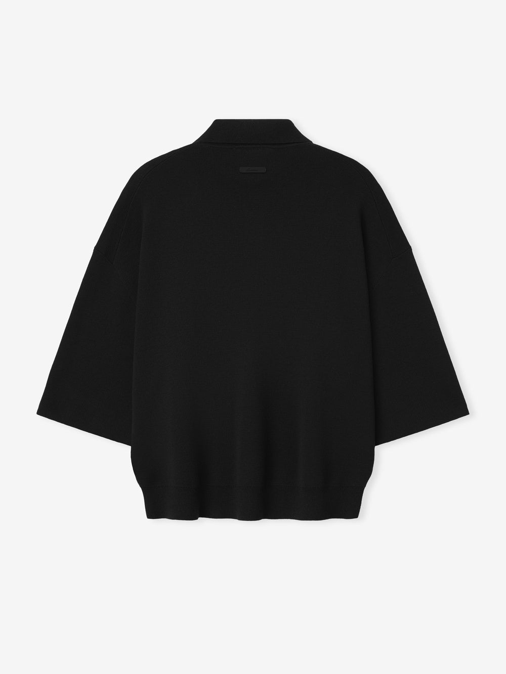 Black unisex knit polo shirt with 3/4 sleeves and ribbed trims