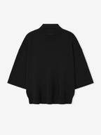 Black unisex knit polo shirt with 3/4 sleeves and ribbed trims