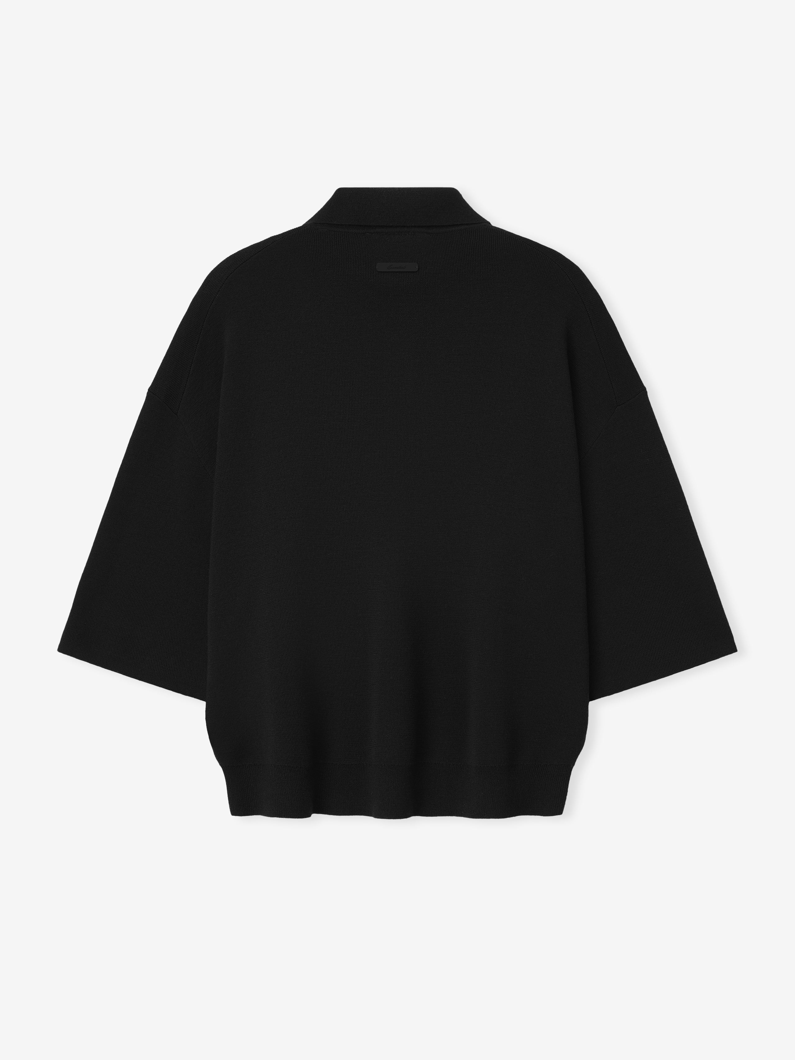 Black unisex knit polo shirt with 3/4 sleeves and ribbed trims