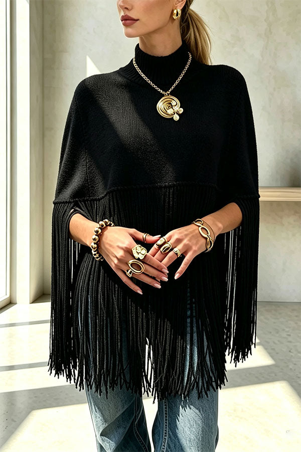 Women's knit cape sweater with crew neck and long tassel hem