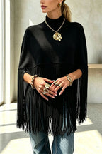 Women's knit cape sweater with crew neck and long tassel hem