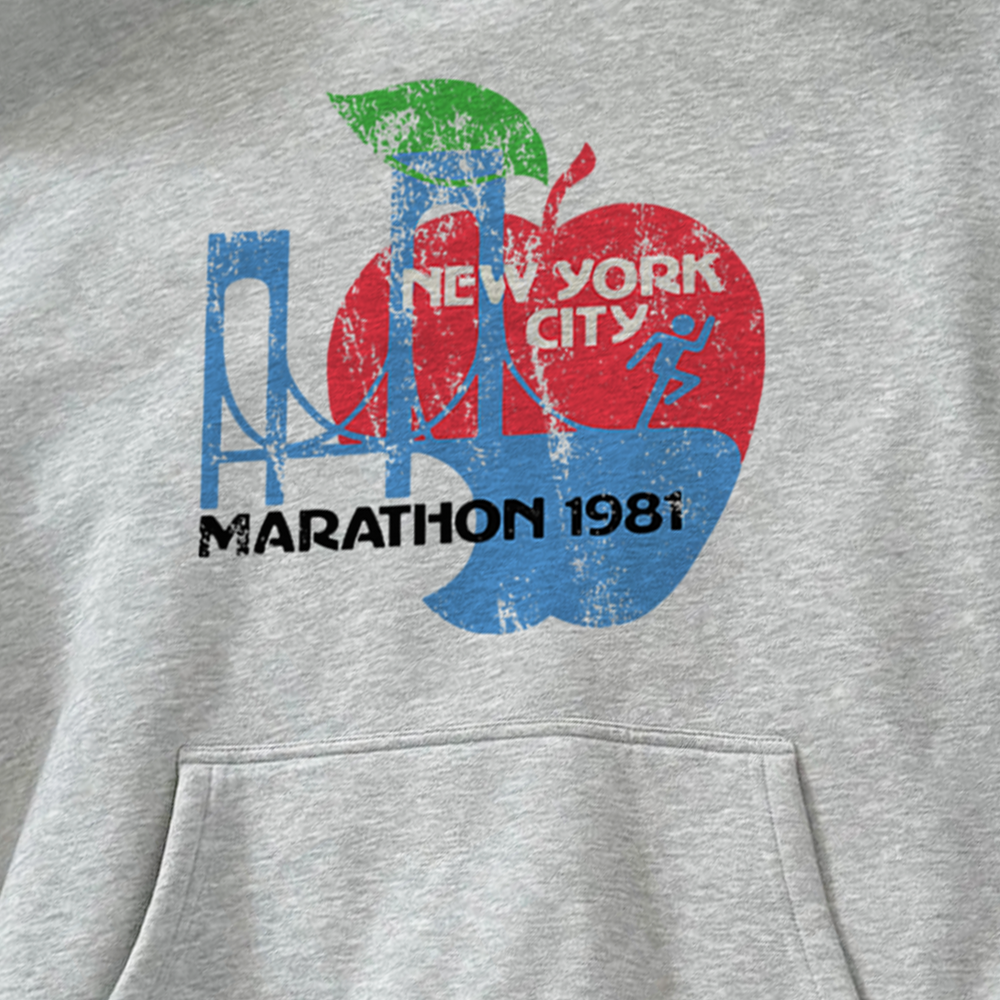 Grey hoodie with colourful New York City Marathon 1981 graphic and front pouch pocket