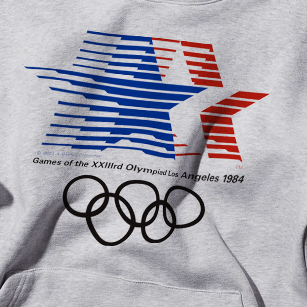 Grey 1984 Los Angeles Olympics graphic hoodie with hood and kangaroo pocket