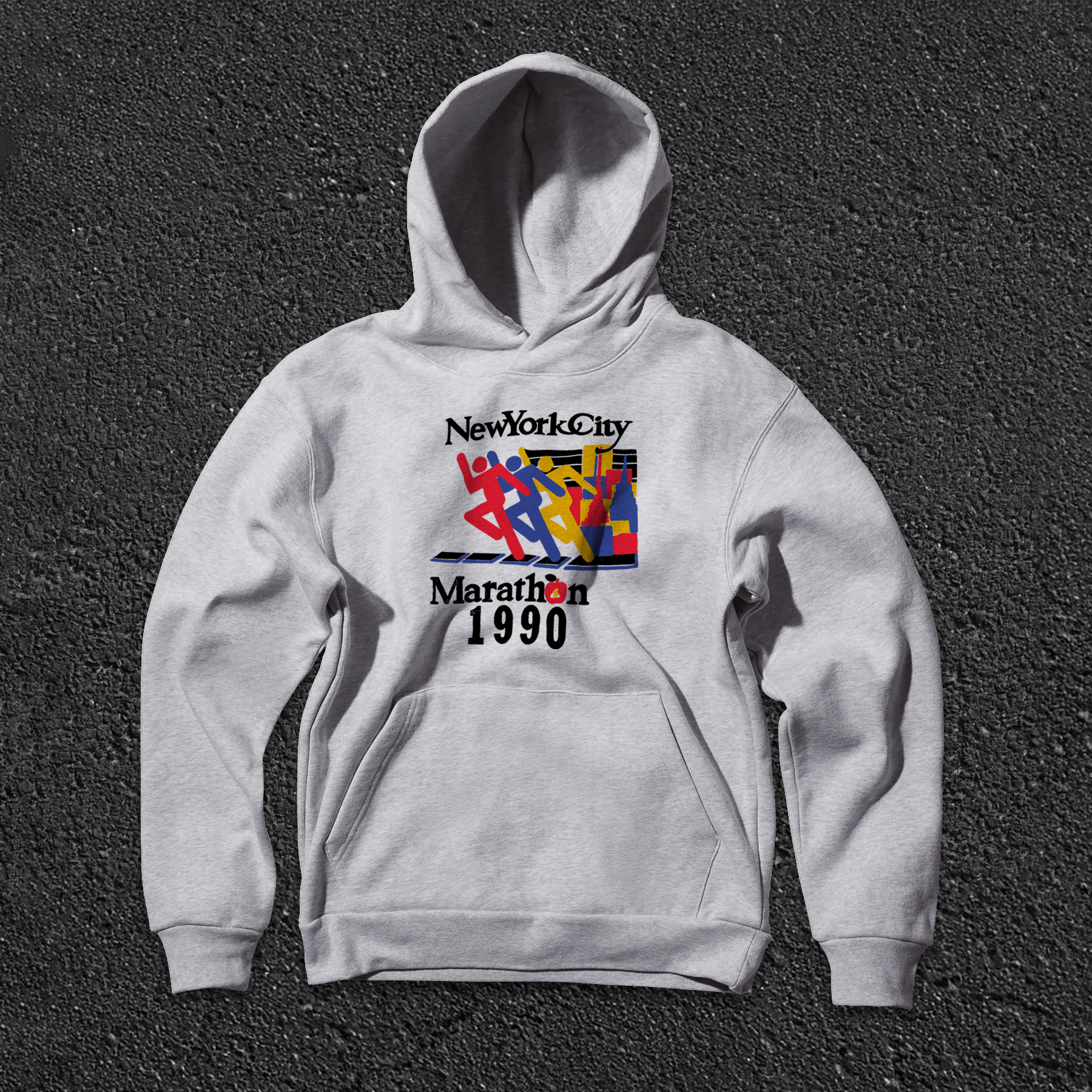 Grey New York City Marathon 1990 graphic hoodie with kangaroo pocket