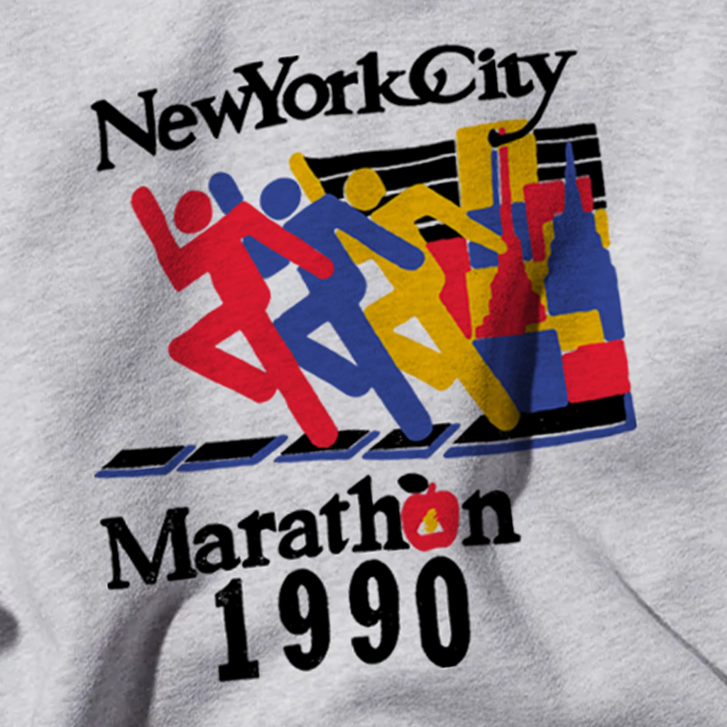 Grey New York City Marathon 1990 graphic hoodie with kangaroo pocket