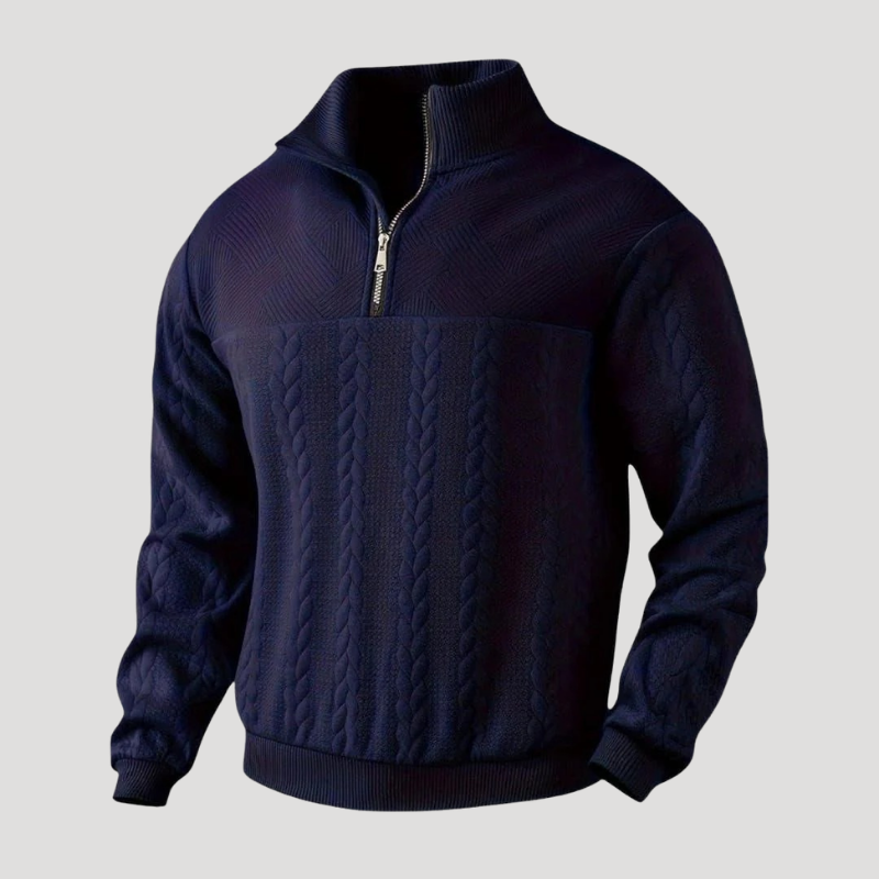 Men's cable knit half-zip sweater with high neck