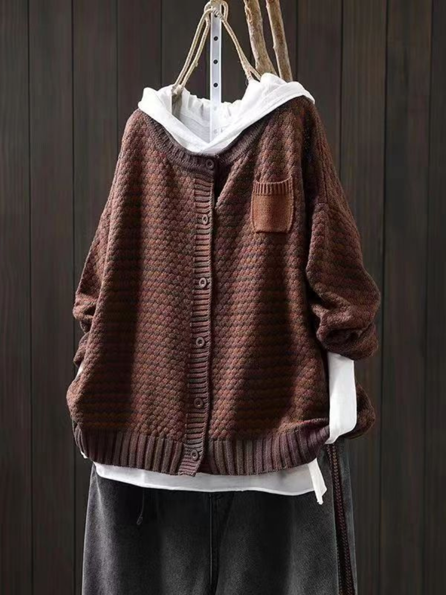 Women's textured knit cardigan with button front and chest patch pocket