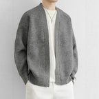 Men's open front ribbed knit cardigan with dropped shoulders