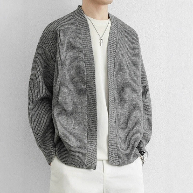 Men's open front ribbed knit cardigan with dropped shoulders