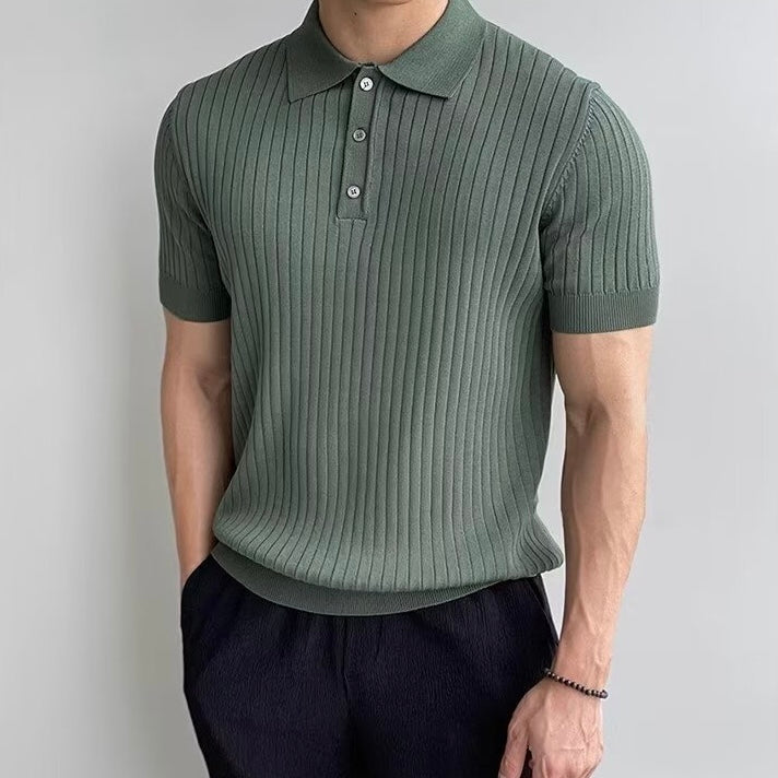 Men's ribbed knit polo shirt with short sleeves and button placket