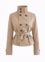 Women's beige cropped trench coat with high collar and waist belt