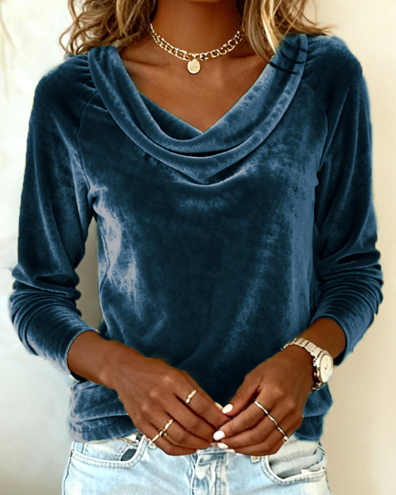 Women's long-sleeved velvet top with draped cowl neckline