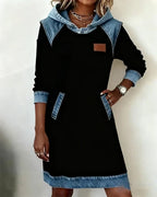 Women's long-sleeve hooded dress with contrast trim and front pockets