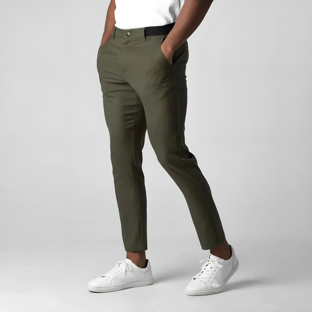 Men's slim tapered chinos trousers shown in black and navy with side pockets