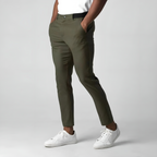 Men's slim tapered chinos trousers shown in black and navy with side pockets