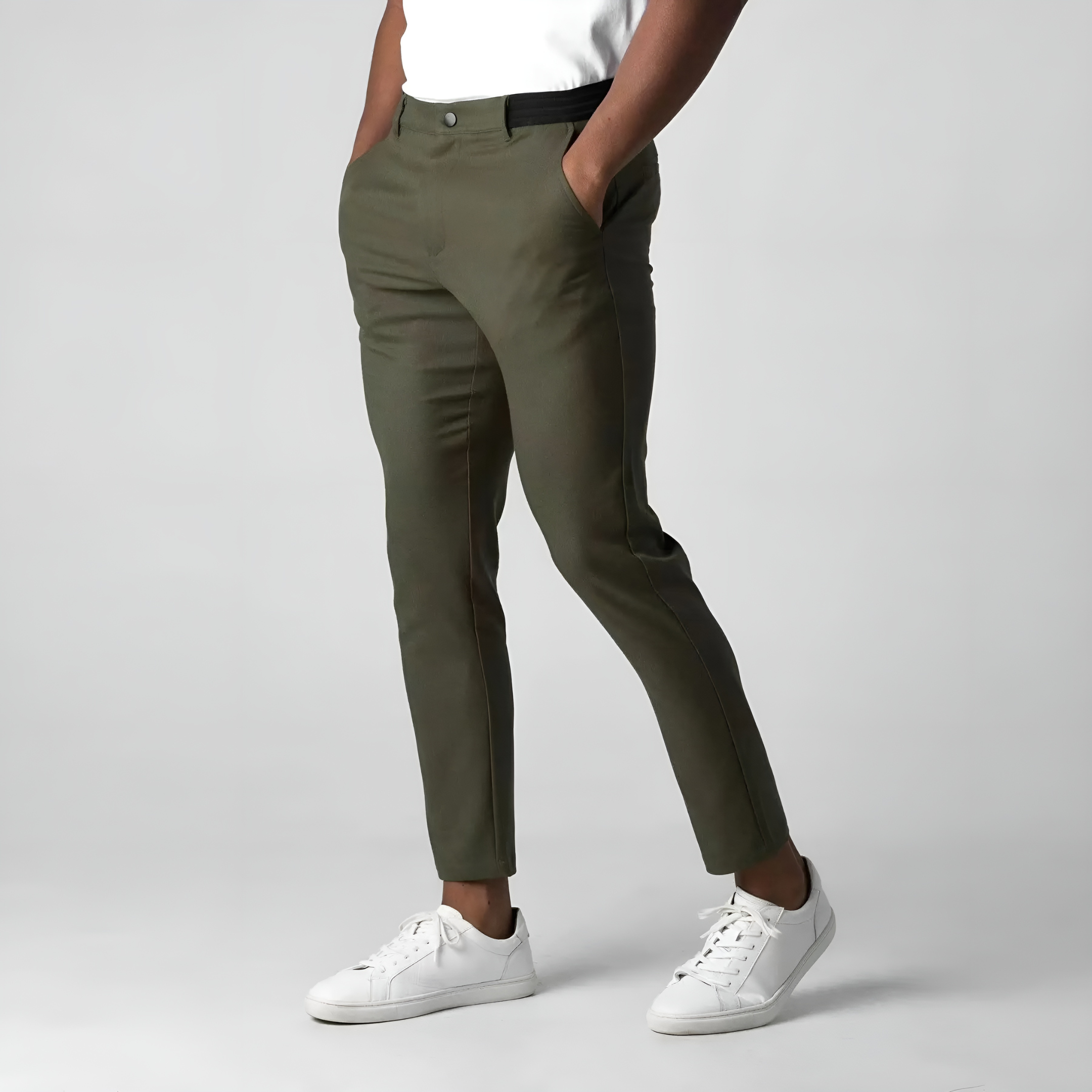 Men's slim tapered chinos trousers shown in black and navy with side pockets