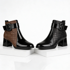 Women's quilted ankle boots with buckle strap and block heel