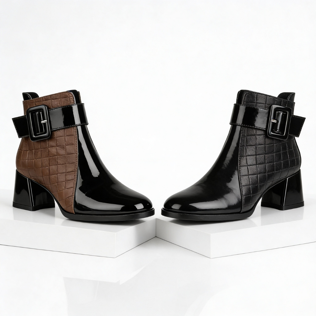 Women's quilted ankle boots with buckle strap and block heel