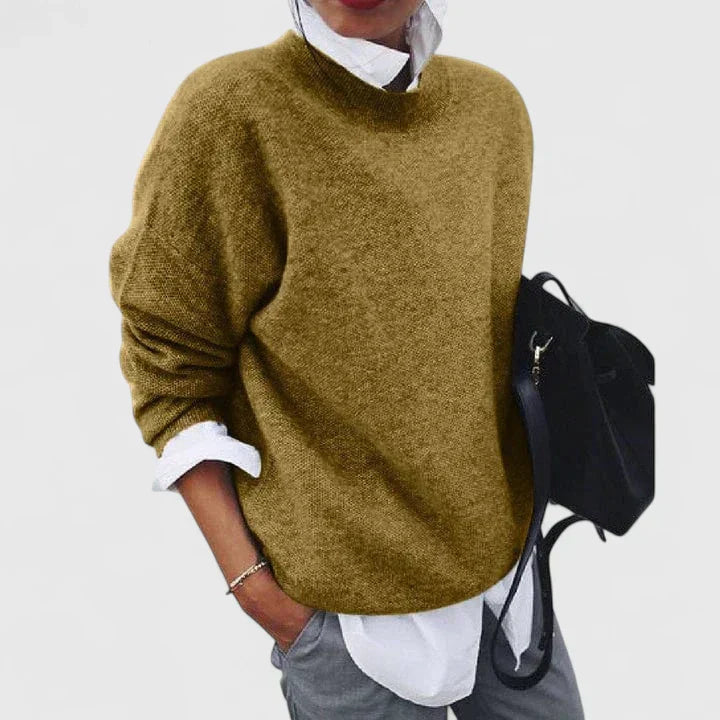 Women's relaxed crew neck sweater with long sleeves and ribbed trims