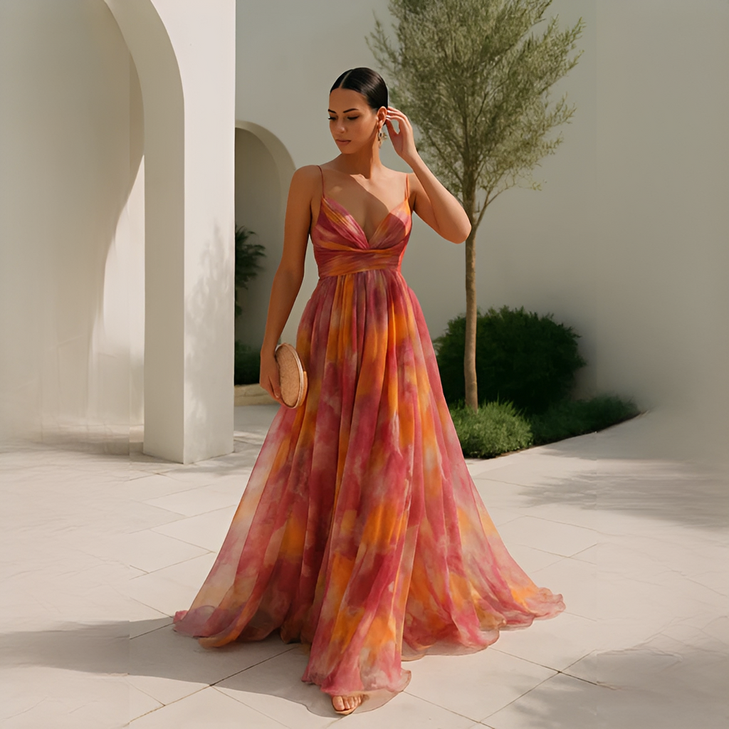 Women's multicoloured abstract V-neck maxi dress with spaghetti straps
