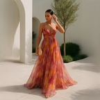 Women's multicoloured abstract V-neck maxi dress with spaghetti straps