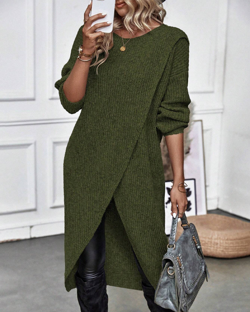Women's long plain sweater dress with round neck, long sleeves and asymmetric hem