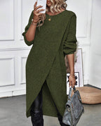 Women's long plain sweater dress with round neck, long sleeves and asymmetric hem