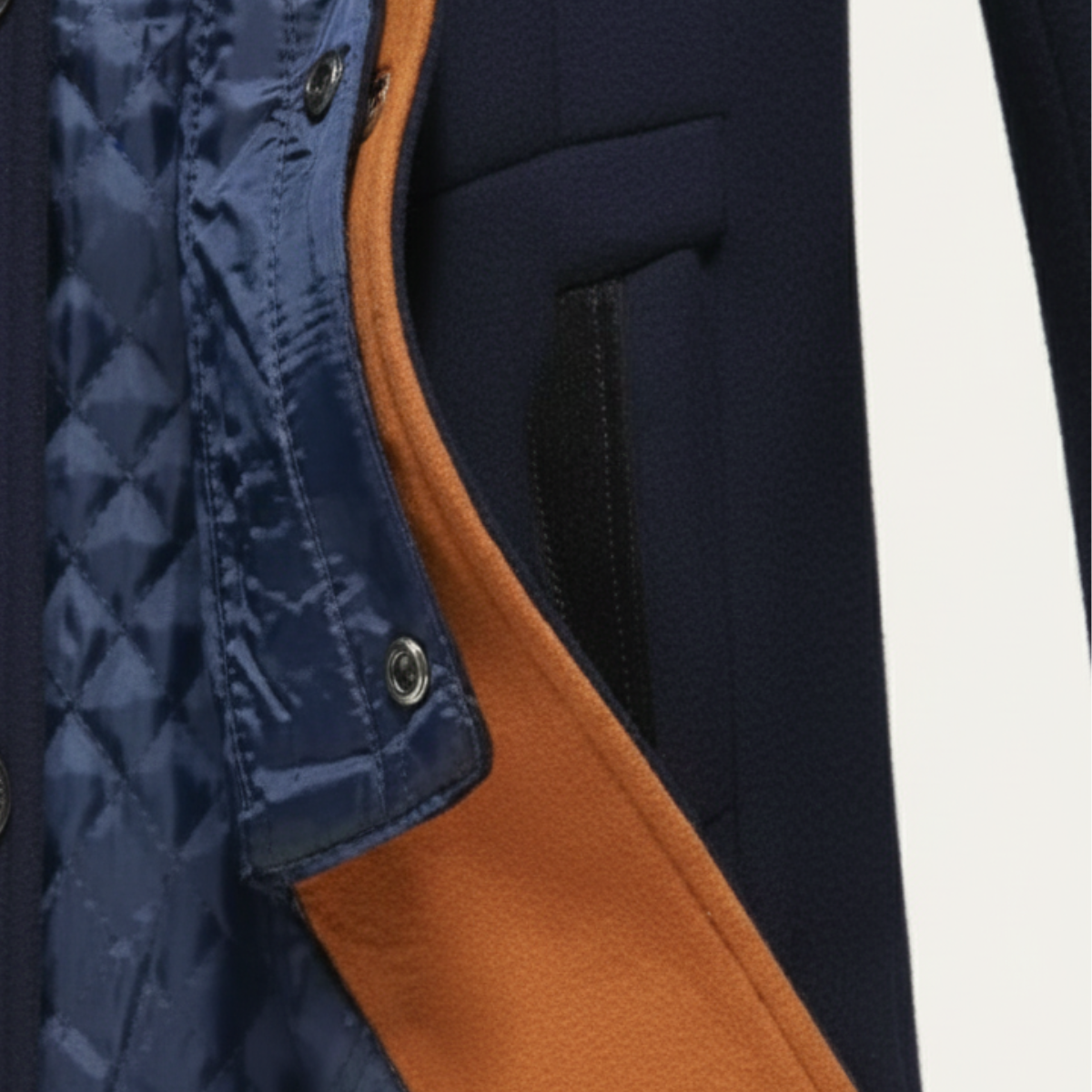 Men's long trench coat with stand collar and contrasting trim