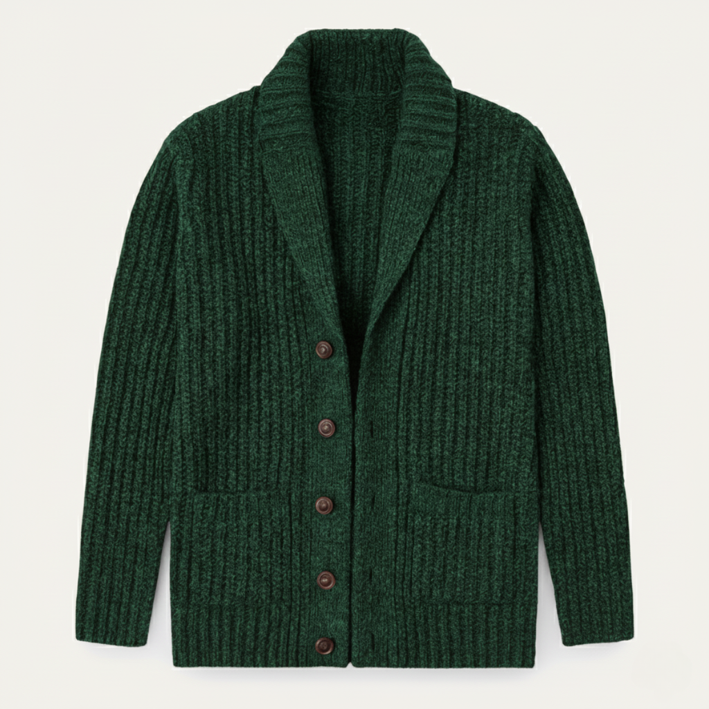 Men's chunky knit cardigan with shawl collar and buttons