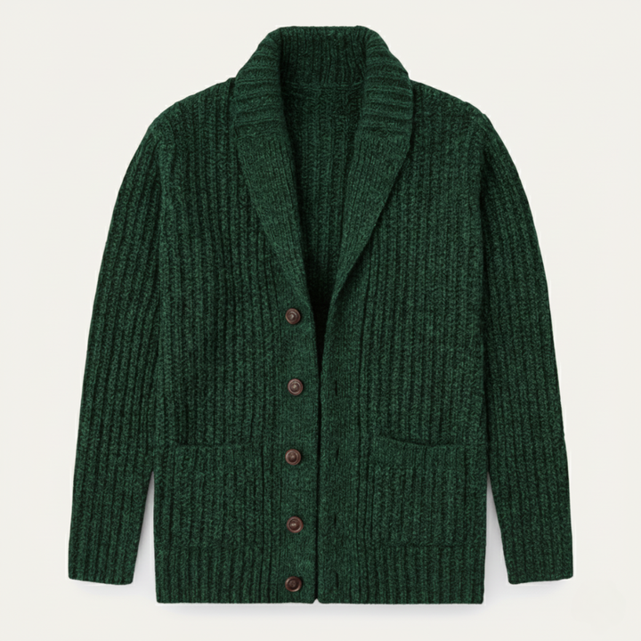 Men's chunky knit cardigan with shawl collar and buttons