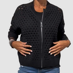 Women's open knit zip cardigan with ribbed trims and long sleeves