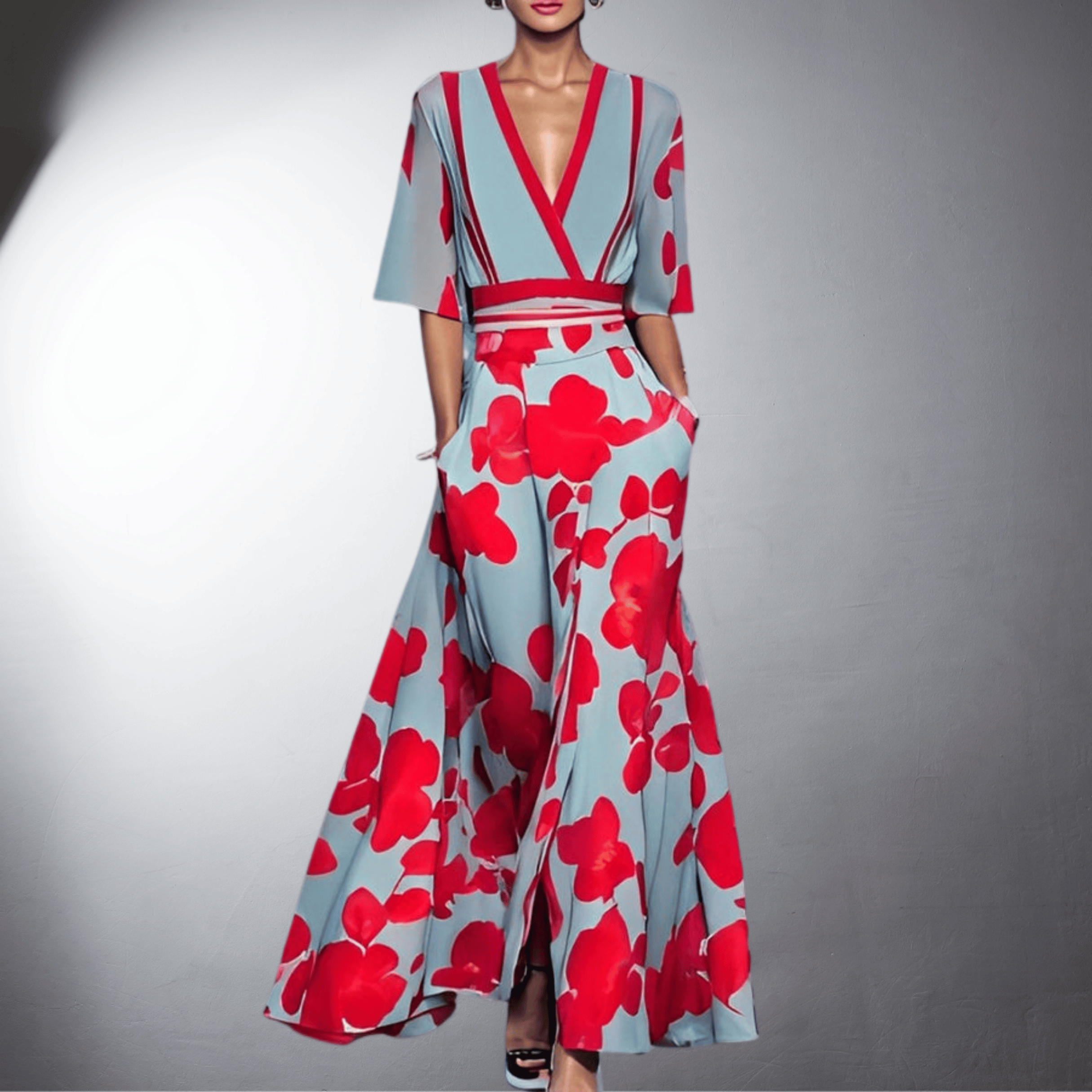 Blue and red floral women's wide leg jumpsuit with V-neck