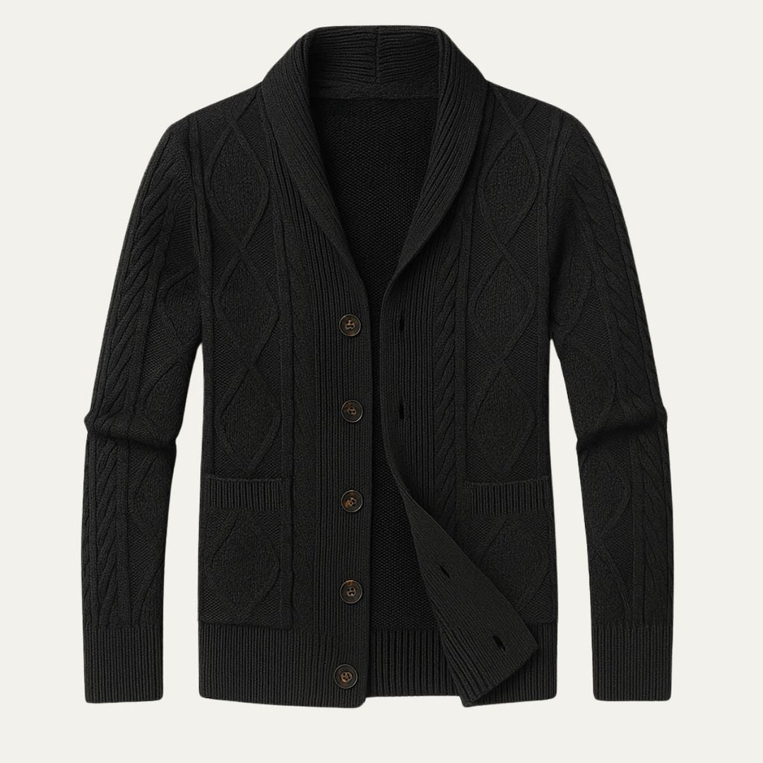 Men's textured knit cardigan with shawl collar, buttons and front patch pockets