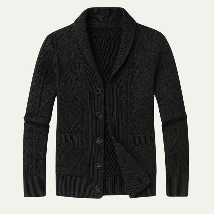 Men's textured knit cardigan with shawl collar, buttons and front patch pockets