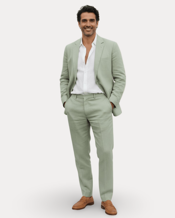 Men's tailored two-piece suit with notch lapel jacket and matching trousers