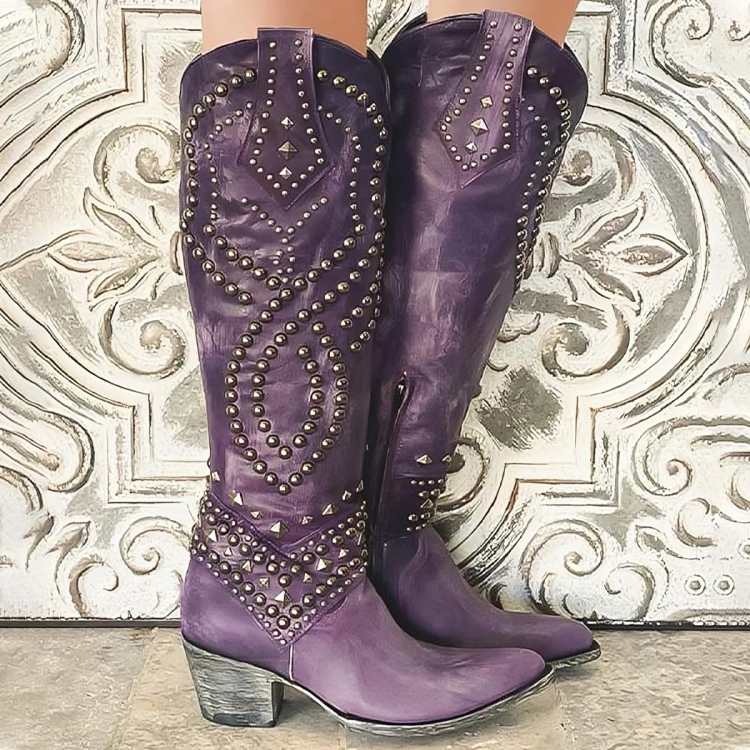 Women's studded knee-high western boots with pointed toes
