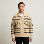 Men's shawl collar cardigan with geometric patterned knit and zip front