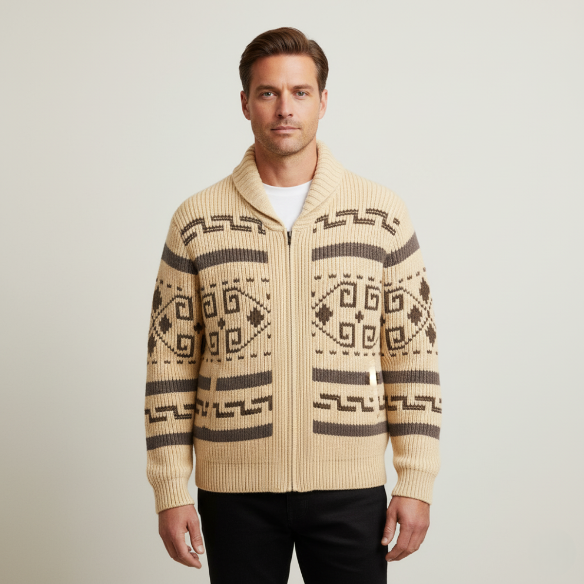 Men's shawl collar cardigan with geometric patterned knit and zip front
